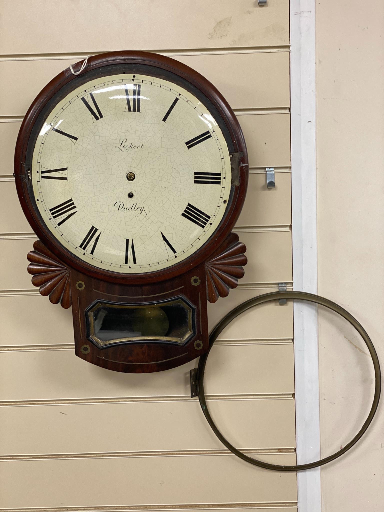 An early 19th century mahogany drop-dial wall clock, signed Sickert, Dudley (P), length 52cm